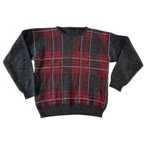 Retro Y2K 2000s Red Grey Plaid Pullover Sweater Men's XL Preppy Casual